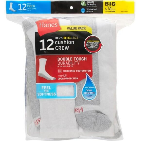 Hanes Mens Crew Socks 12 Pack Cushioned Double Tough Odor Moisture Wicking - Picture 4 of 7